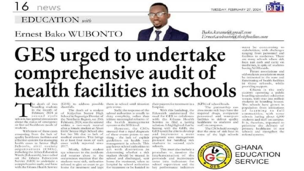 GES Urged To Undertake Comprehensive Audit Of Health Facilities In Schools